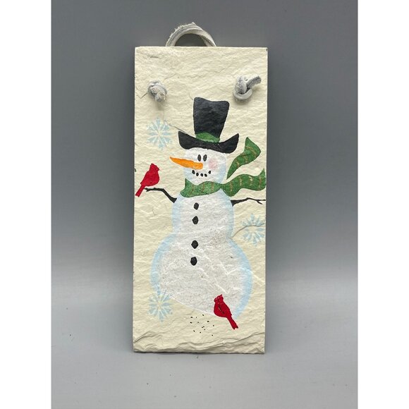 Handmade Christmas Ornament painted snowman on tile white black green READ - Picture 4 of 4
